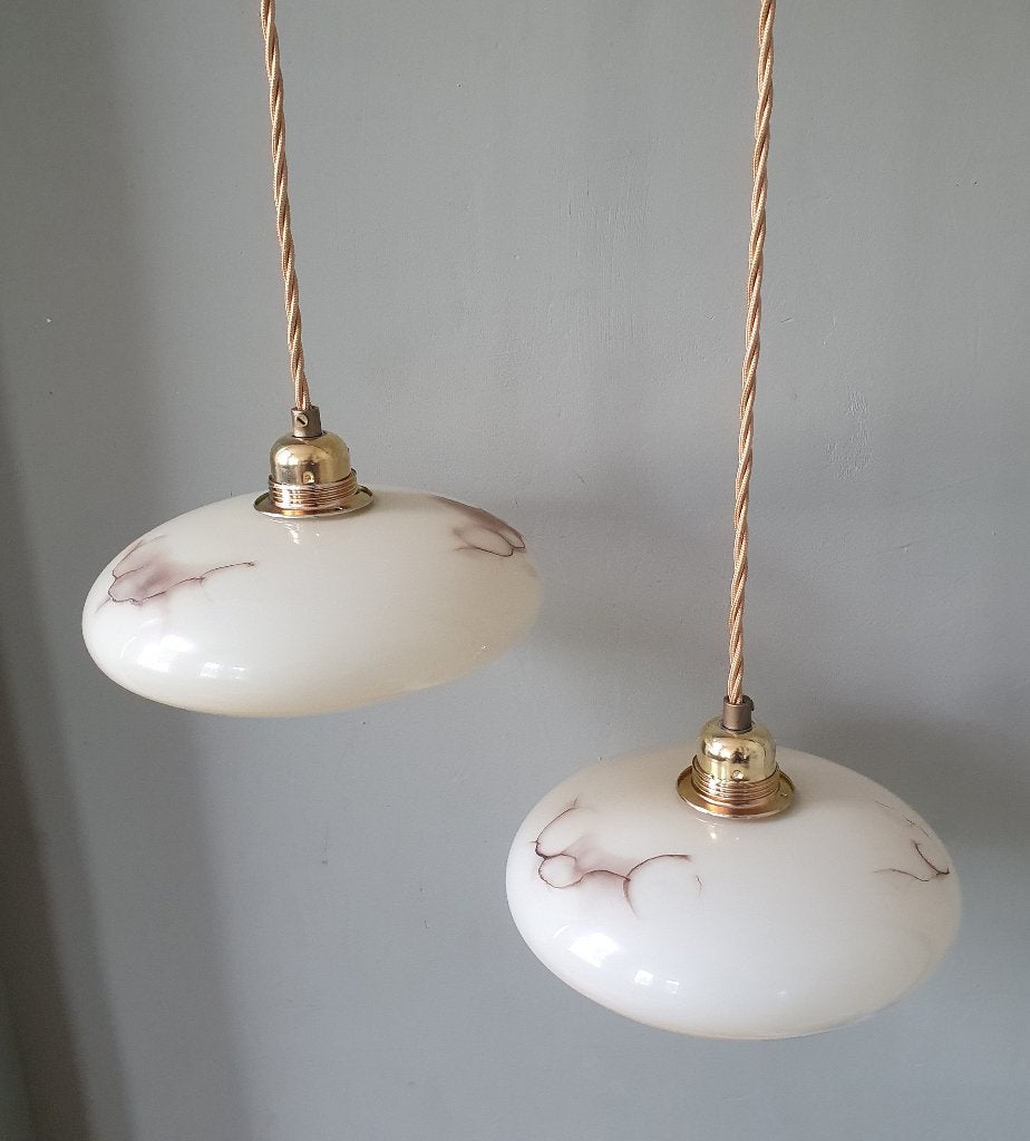 Set van 2 vintage gemarmerde hanglampen - jaren '30 '40, Huis en Inrichting, Gebruikt, Antiek, Art Deco, Vintage, Franse lamp, hanglamp, marmer, marble