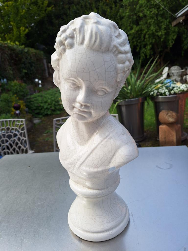 Antieke buste van jongen, craquelé, wit keramiek, Antiek en Kunst, Geglazuurd, Buste, Ophalen of Verzenden, 20 - 50 cm