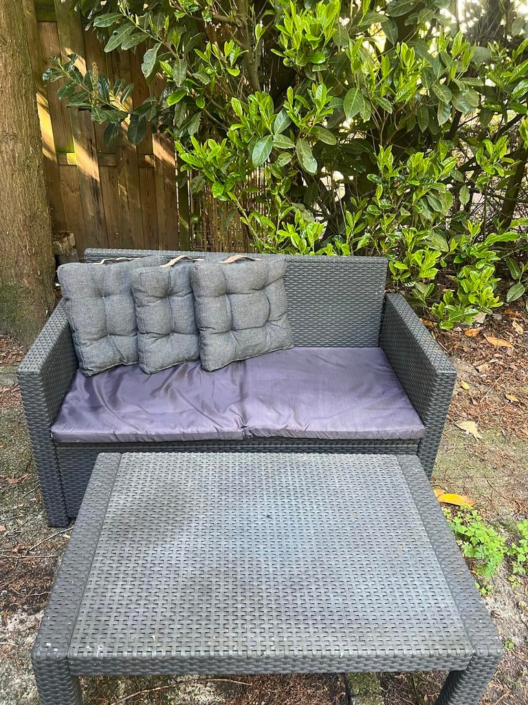 Tuinset: bank, tafel en lang kussen, Gebruikt, Wicker, Ophalen, 2 zitplaatsen