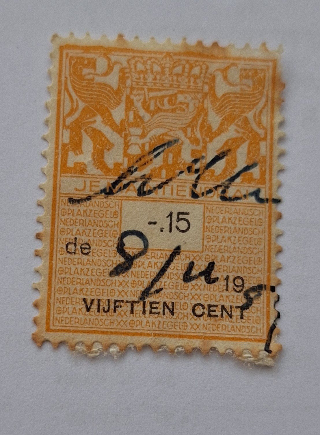 Antieke Fiscale Plakzegel 15 Cent – Nederland (Vroeg 20e Eeu, Ophalen of Verzenden