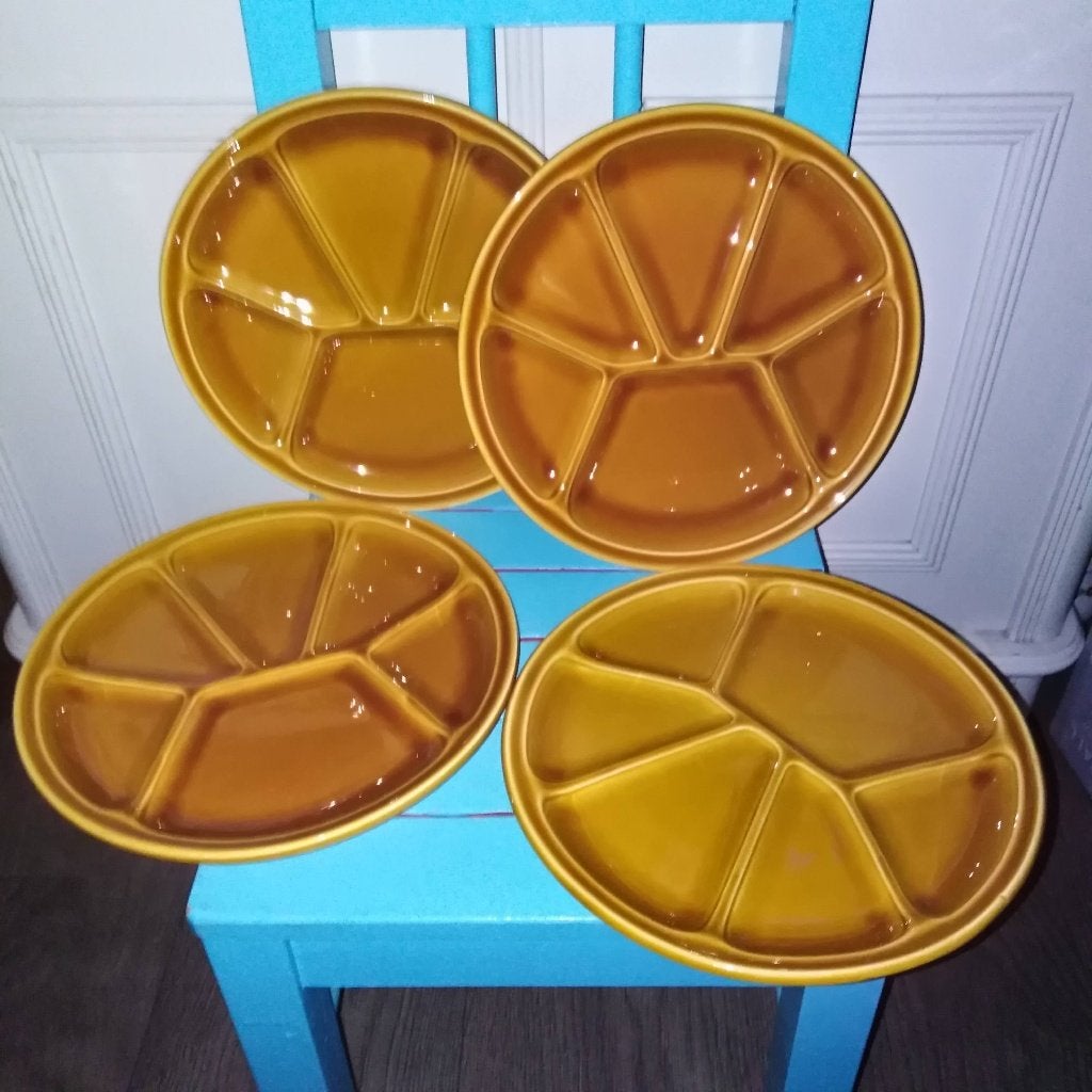 Fondue / gourmet borden okergeel 4 stuks zie omschrijving, Ophalen, Gebruikt, Bord(en), Overige stijlen