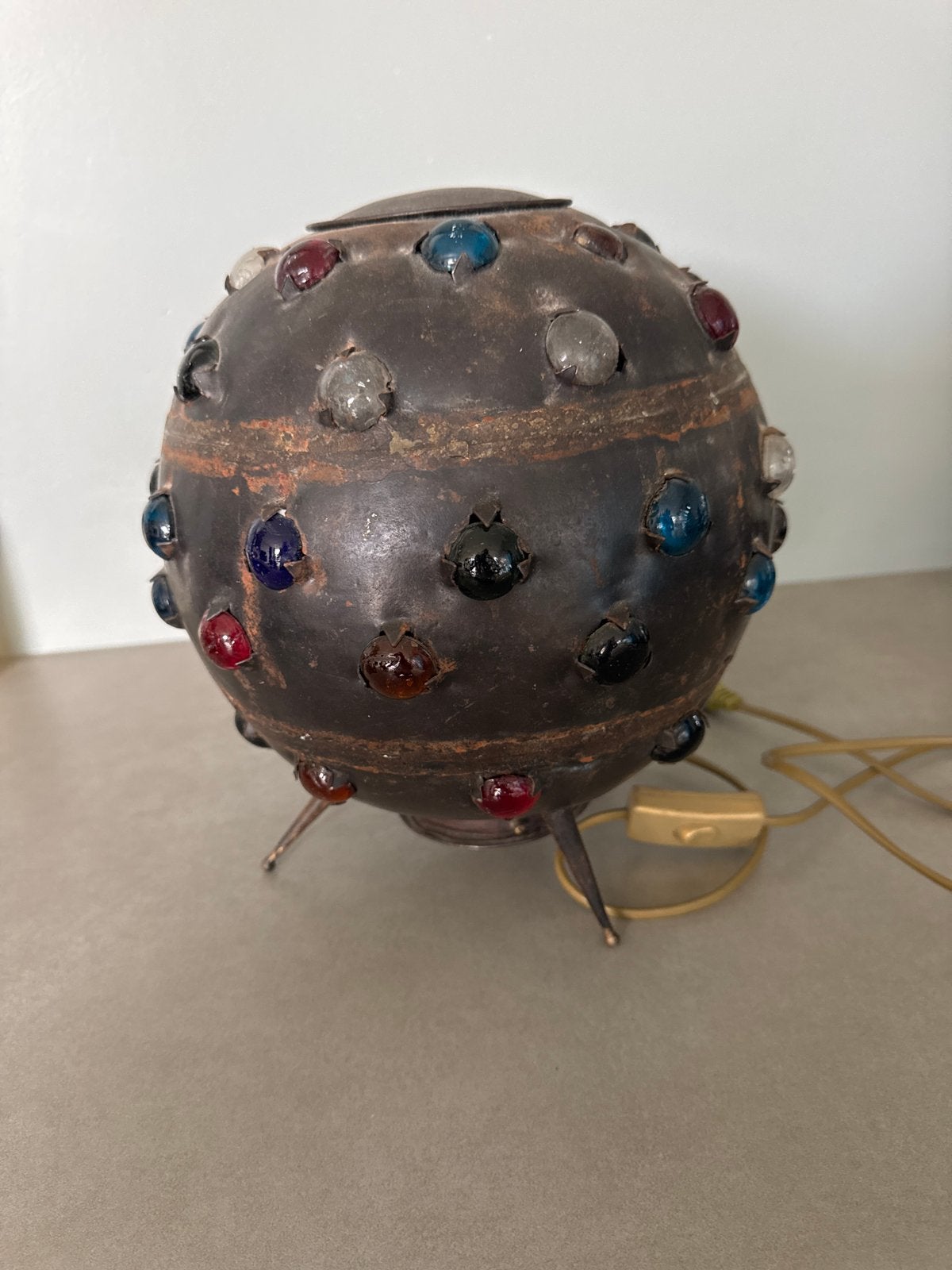 Vintage Bolvormige Tafellamp met Gekleurde Glasstenen, Ophalen of Verzenden