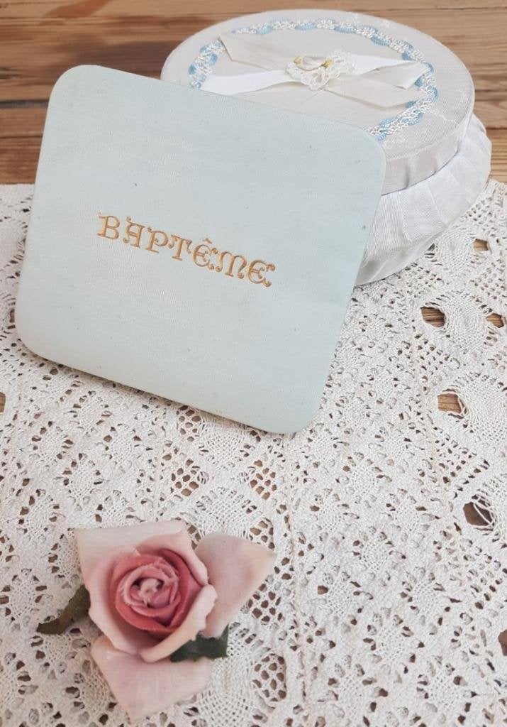 Lichtblauw Frans brocante doopsdoosje, Baptème, Ophalen of Verzenden