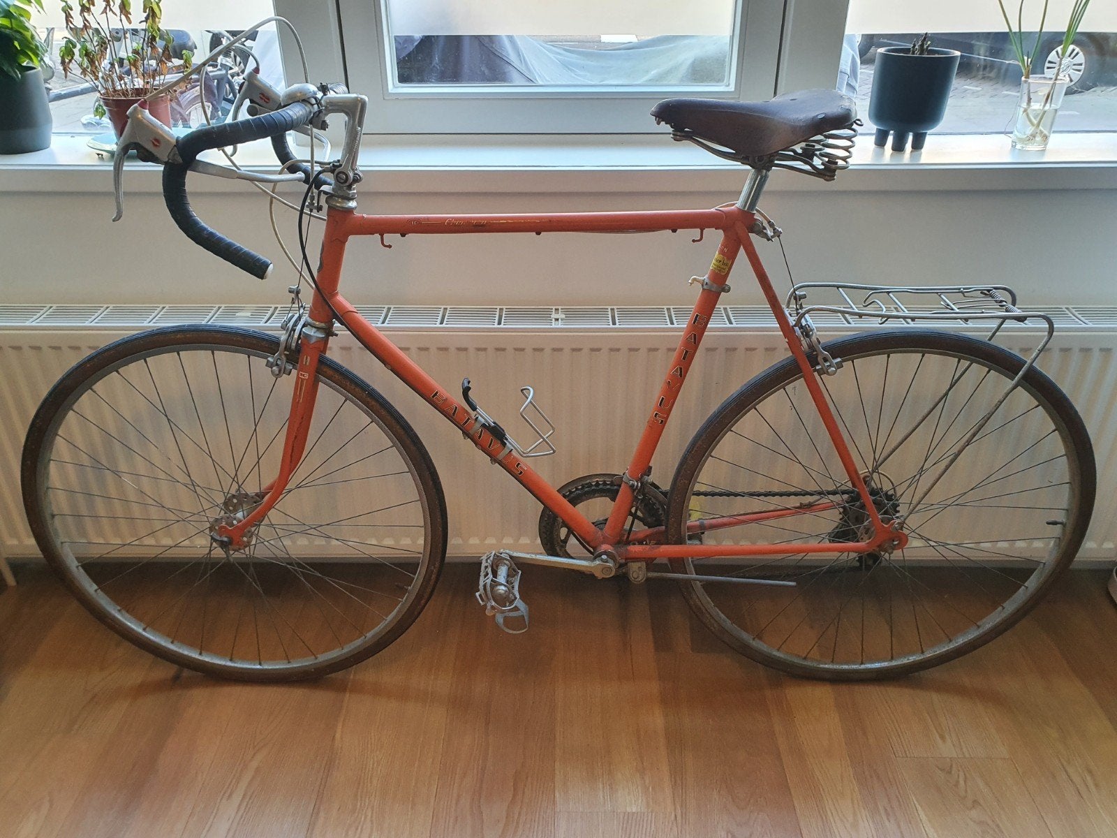 Vintage oranje Batavus '70 racefiets met leren Brooks zadel, Ophalen, Jaren '60 of nieuwer, Velgrem, Batavus