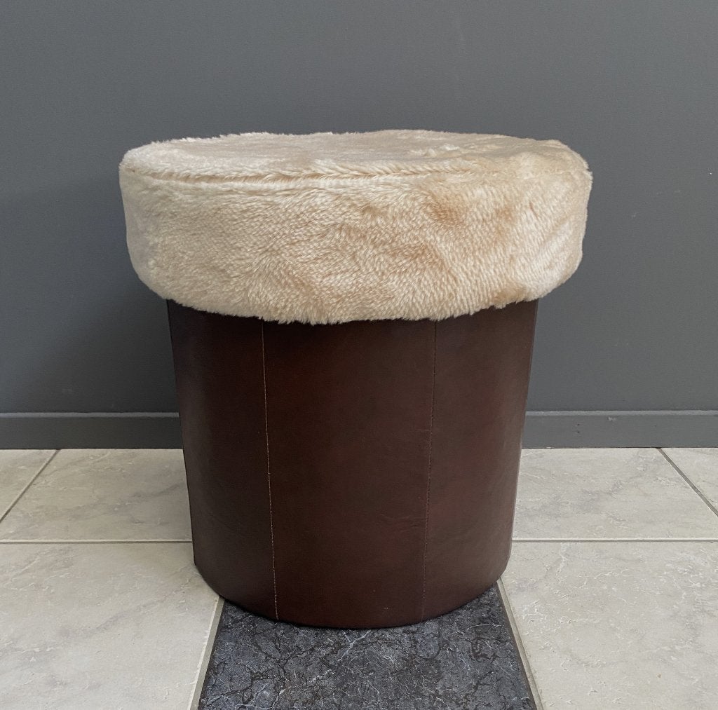 70 jaren bruin skai opberg poef met beige pluche deksel, Ophalen, Minder dan 50 cm, Rond, Minder dan 50 cm