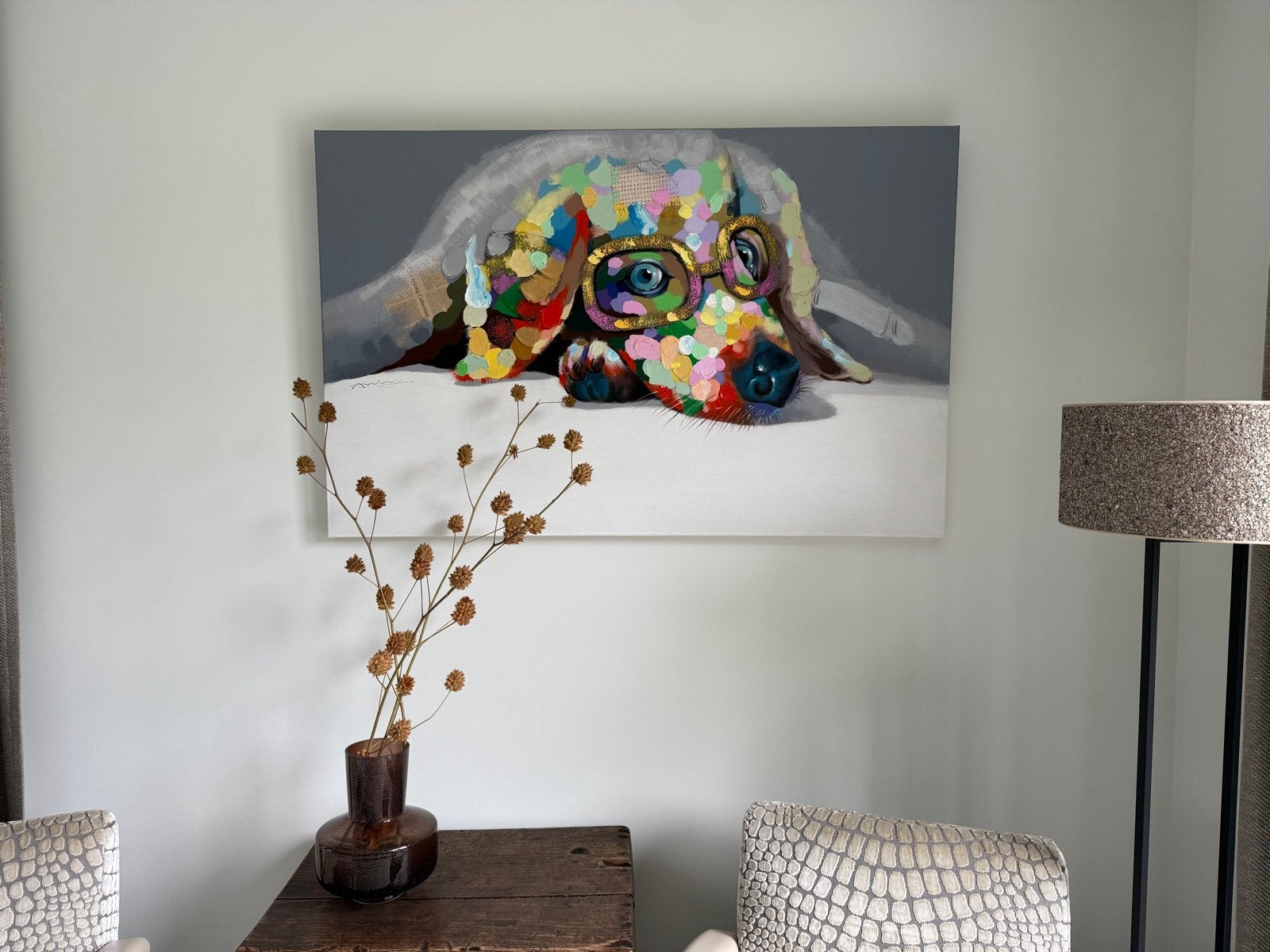 Schilderij 'Hond met bril' - Kleurrijk en modern, Ophalen, Handgeschilderd, Dieren, Olieverf