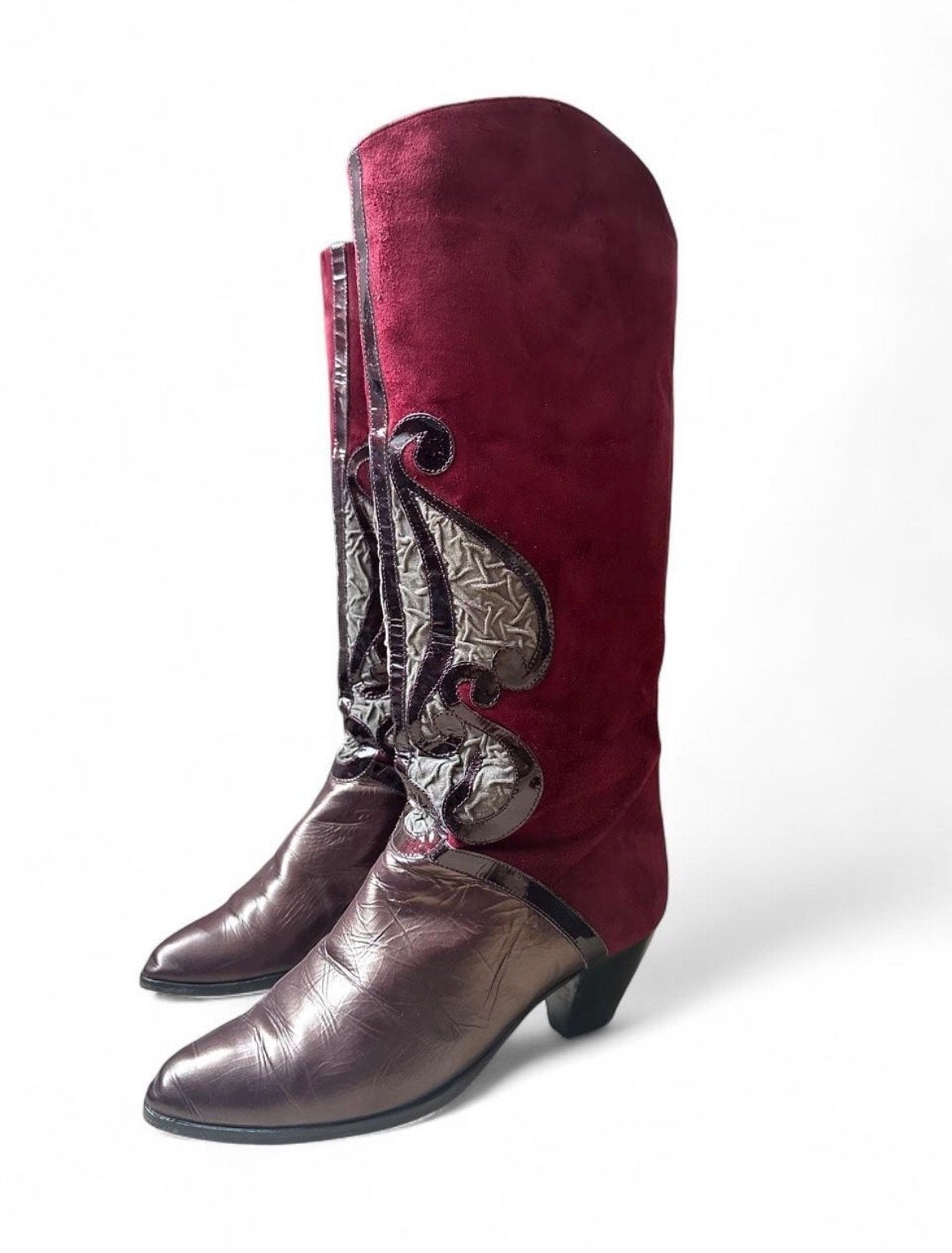 Vintage Made in Italy Bordeaux Leren Suède Western Laarzen E, Ophalen of Verzenden, Gedragen, Rood, Hoge laarzen