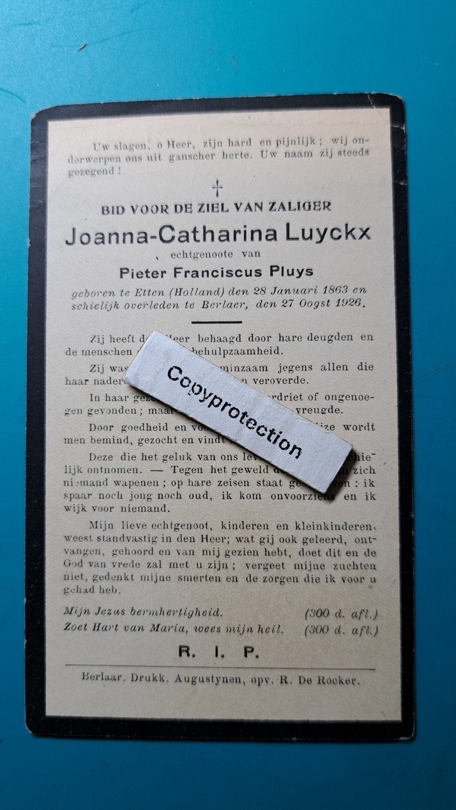 Joanna Catharina Luyckx, Etten 1863, + Berlaer 1926, Verzenden, Bidprentje