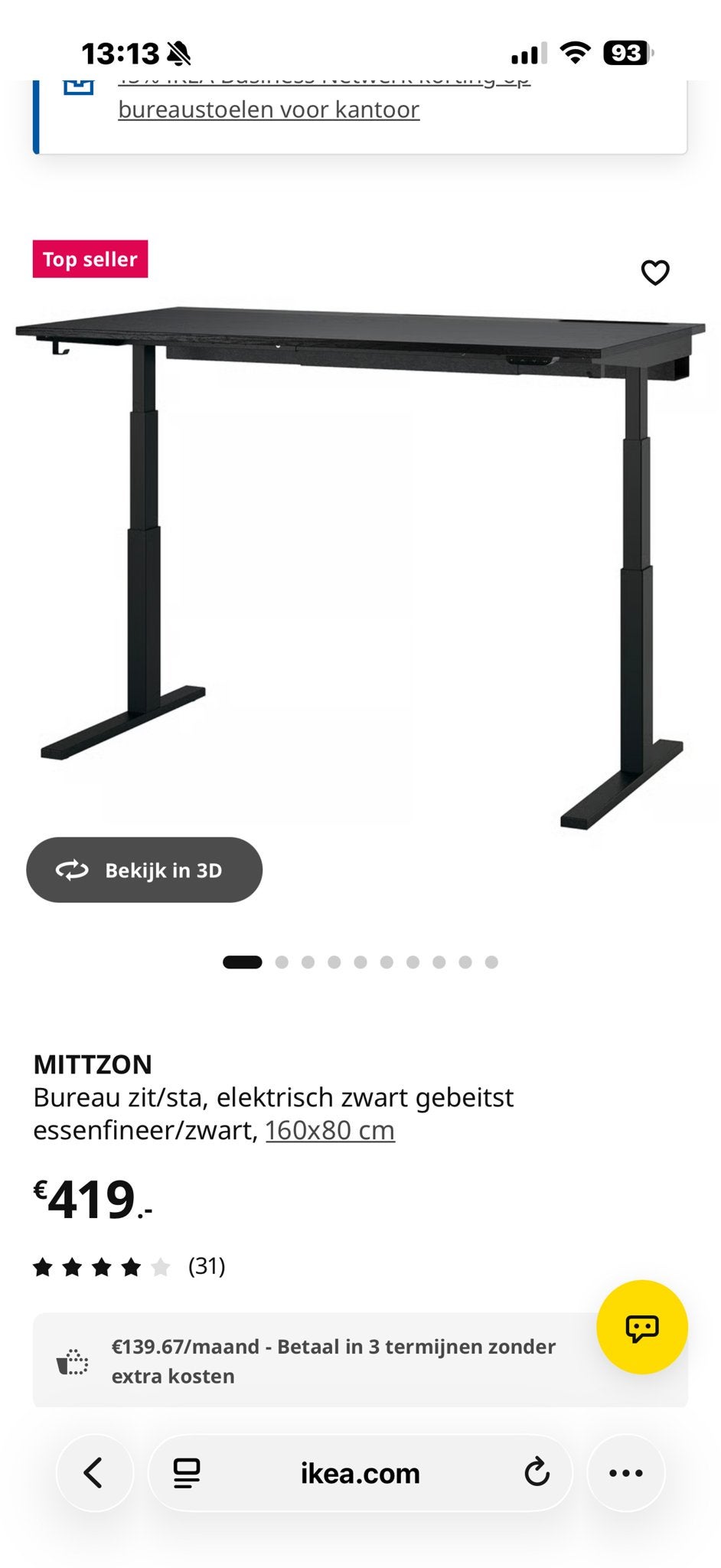 MITTZON Elektrisch Zit-Sta Bureau Zwart 160x80 cm, Ophalen, Elektrisch, Hout, Zo goed als nieuw