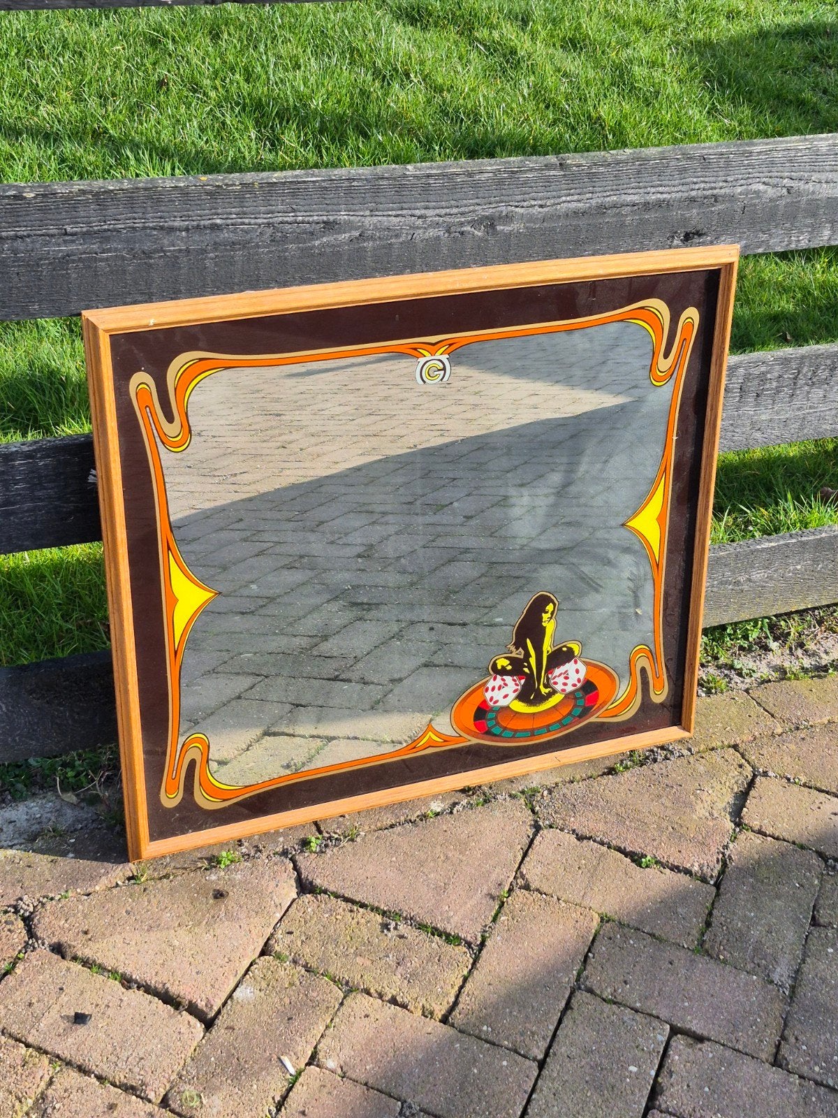 Spiegel vintage met afbeelding bewerking in retrostijl, Ophalen, Gebruikt, Minder dan 100 cm, Rechthoekig