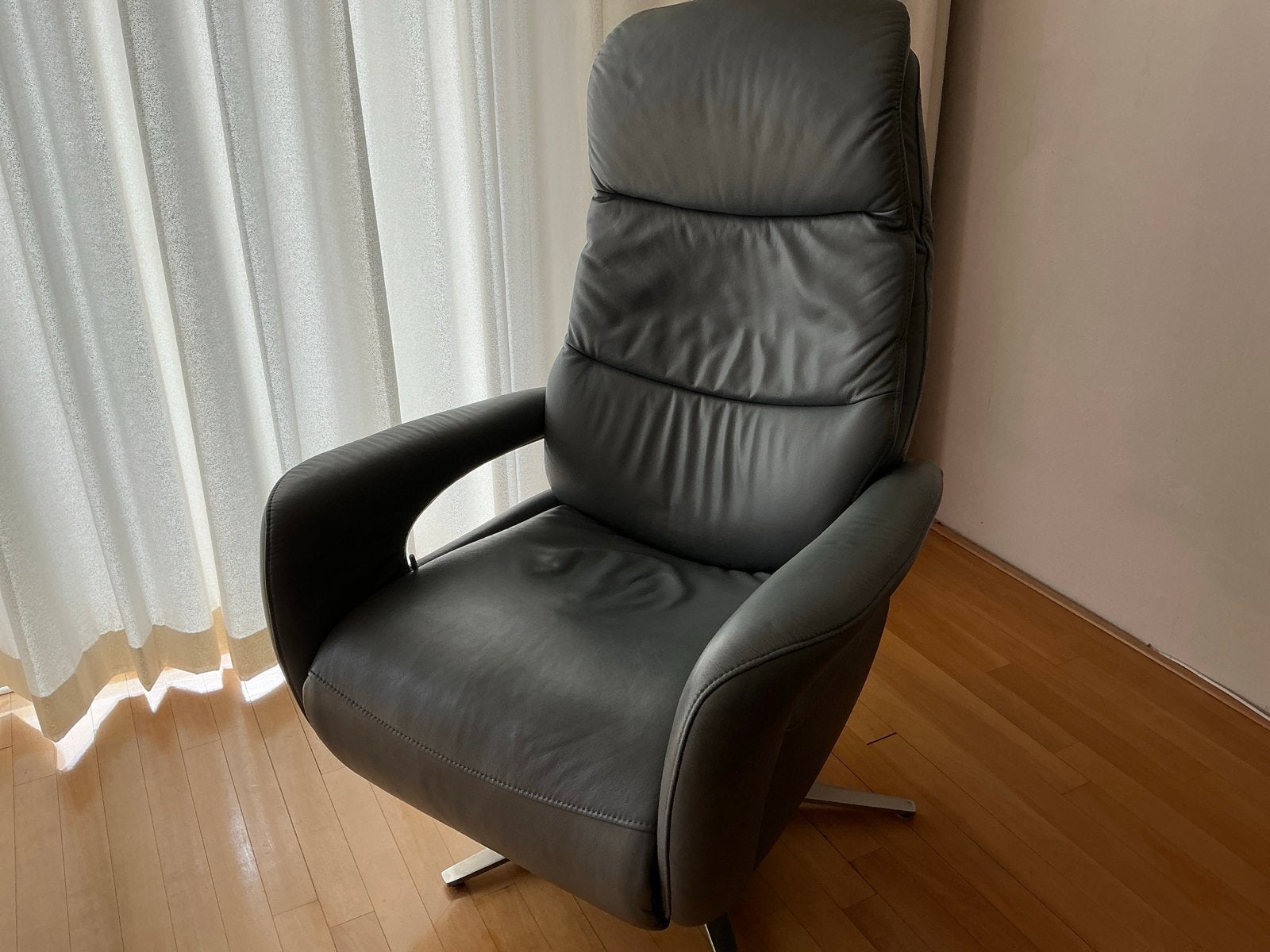 Hukla Relaxfauteuil - Grijs Leer, Ophalen of Verzenden, Zo goed als nieuw, Leer, 75 tot 100 cm