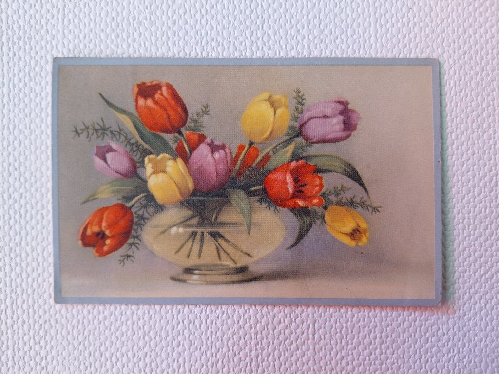 Glazen vaas met tulpen, gelopen, 1943, stempel Heerde., Verzamelen, Verzenden, 1940 tot 1960, Gelopen