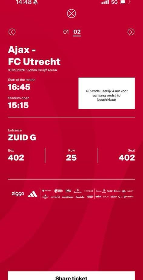 Ajax - FC Utrecht | 402 | Naast Elkaar, Tickets en Kaartjes, Sport | Voetbal, Eén persoon, Mei
