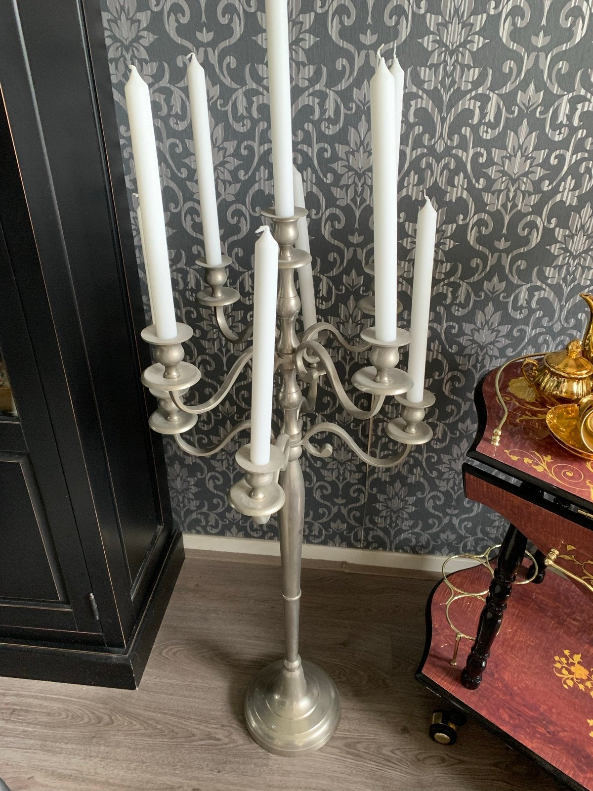 Zilverkleurige Kandelaar 9-arms - 1 Meter Hoog, Ophalen of Verzenden, Zilver