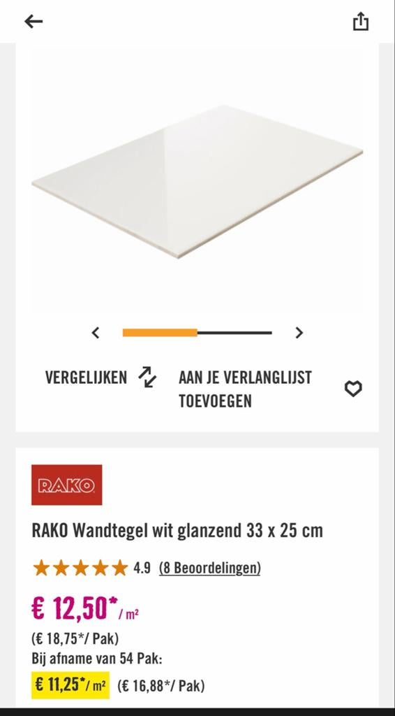 RAKO Wandtegel wit glanzend 33 x 25 cm, Nieuw, Ophalen of Verzenden, 20 tot 40 cm, Minder dan 5 m²