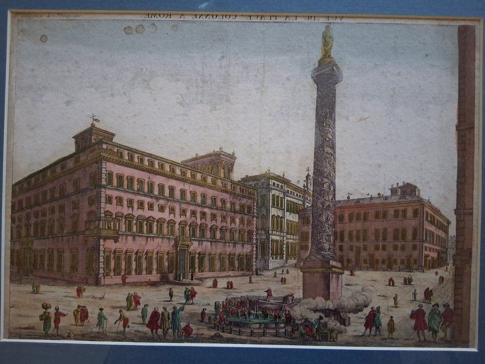 Rome.piazza colonna, Antiek en Kunst, Stadsgezicht, Handgekleurd, Ophalen of Verzenden, Gravure