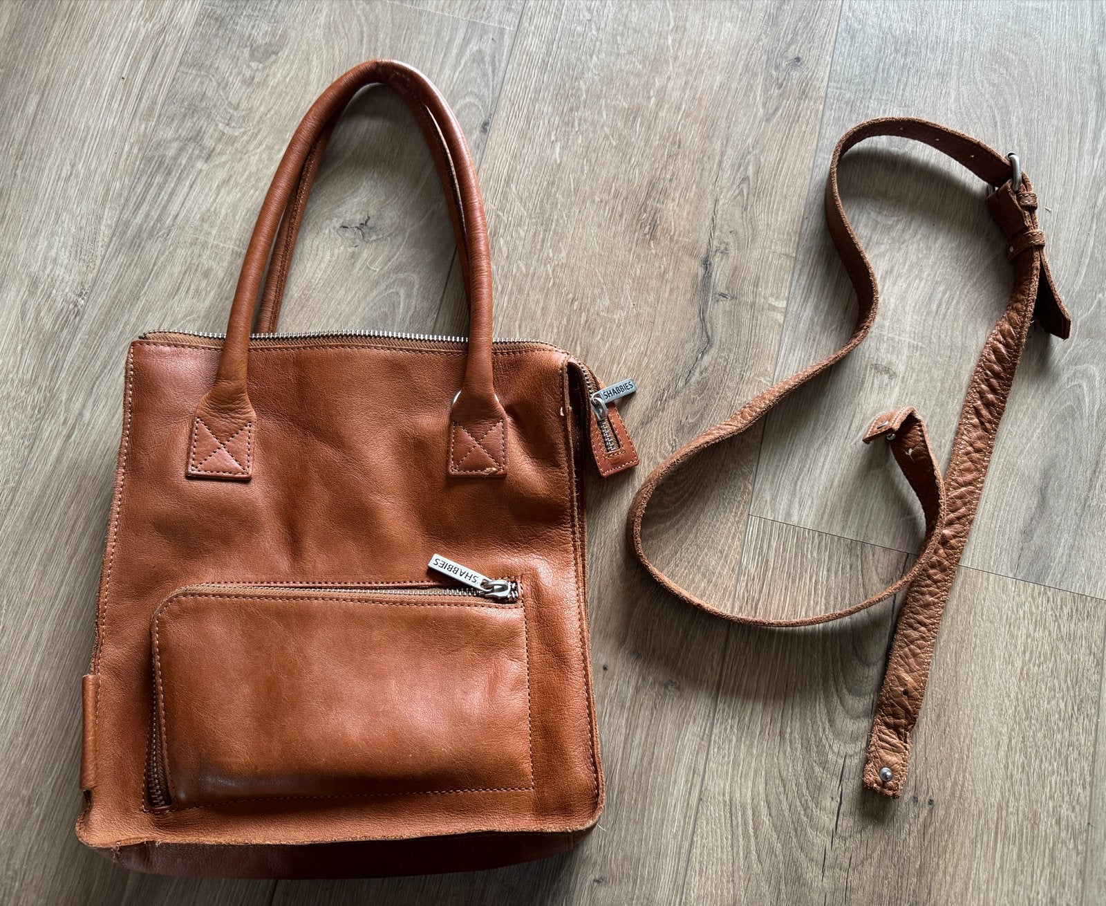Shabbies Cognac Leren Dames Tas - Met Schouderband, Ophalen of Verzenden, Zo goed als nieuw, Bruin, Handtas