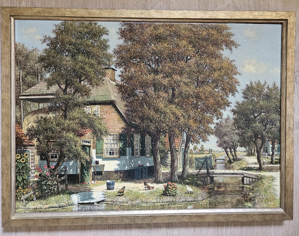 Schilderij H. Veerendaal - Landelijk tafereel met boerderij, Doek, Realistisch, Ophalen of Verzenden, Olieverf