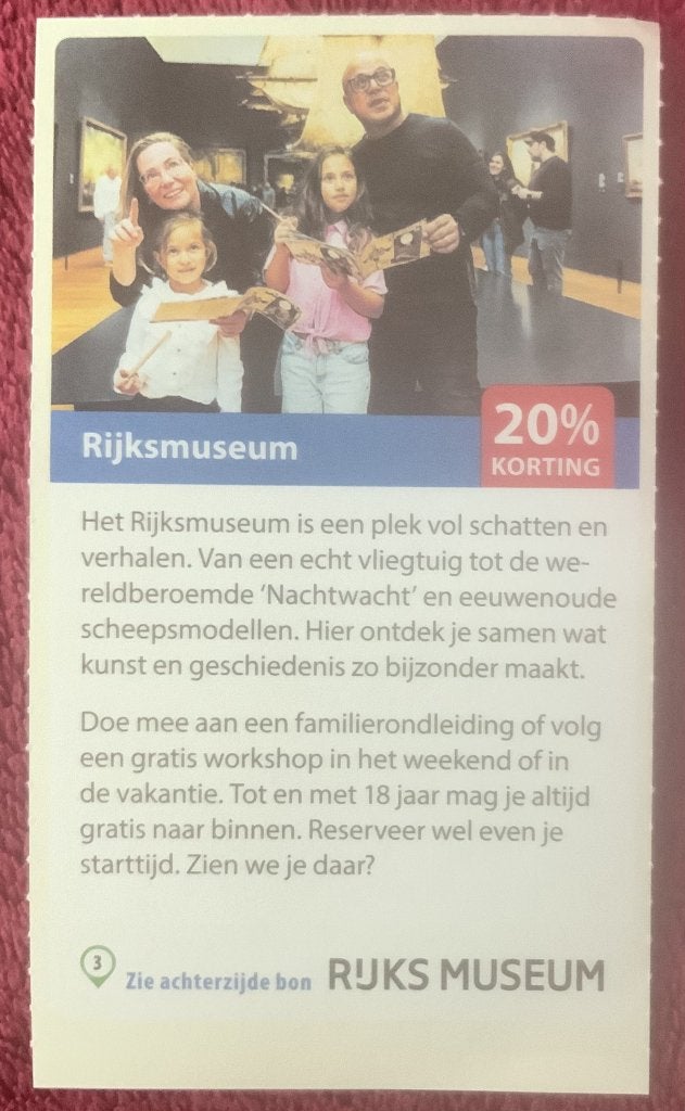 Rijksmuseum Amsterdam Voordeelbon, Tickets en Kaartjes, Musea, Drie personen of meer, Museumbon