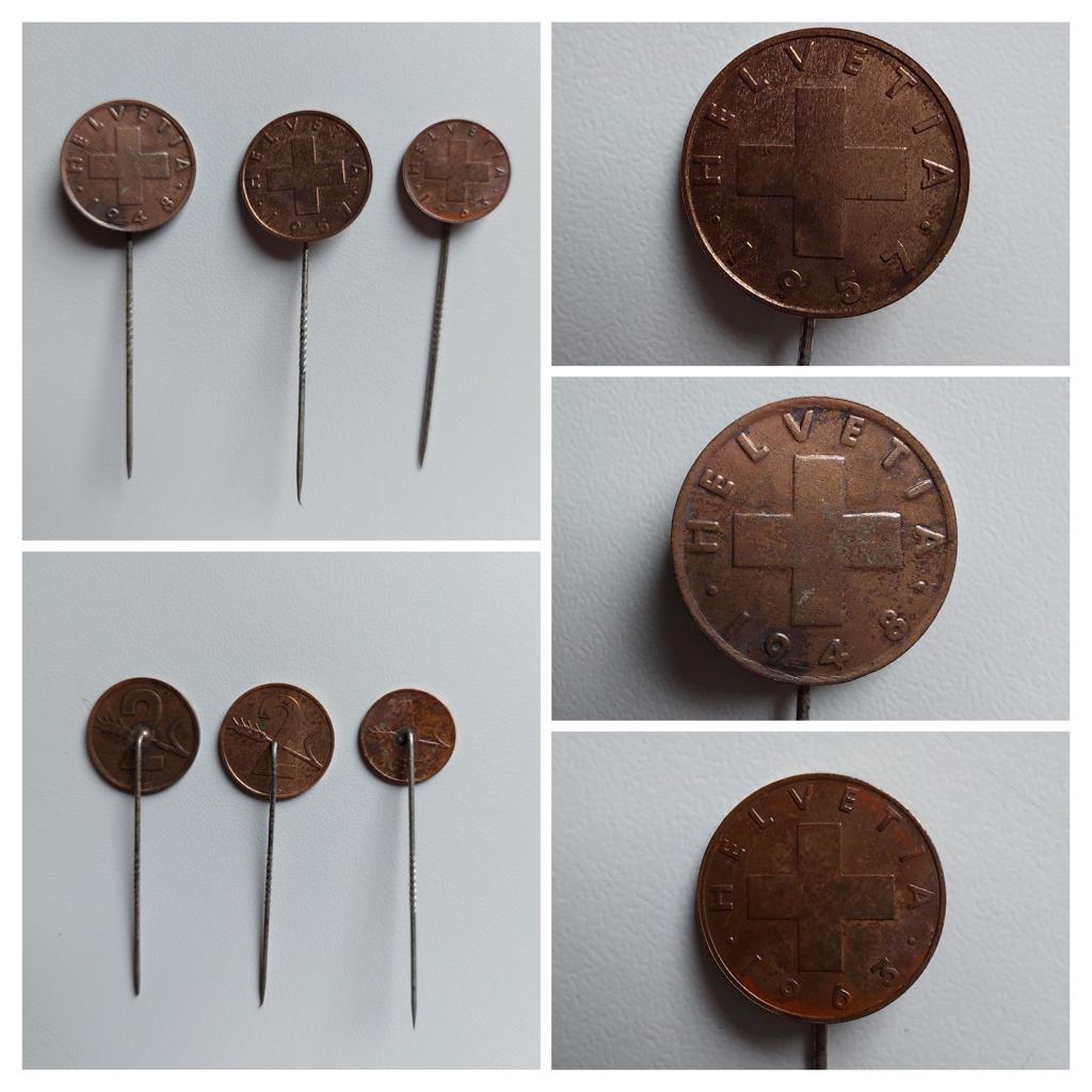 Zwitserse munten op speld 1948-1957-1963, Ophalen of Verzenden, Gebruikt, Overige onderwerpen