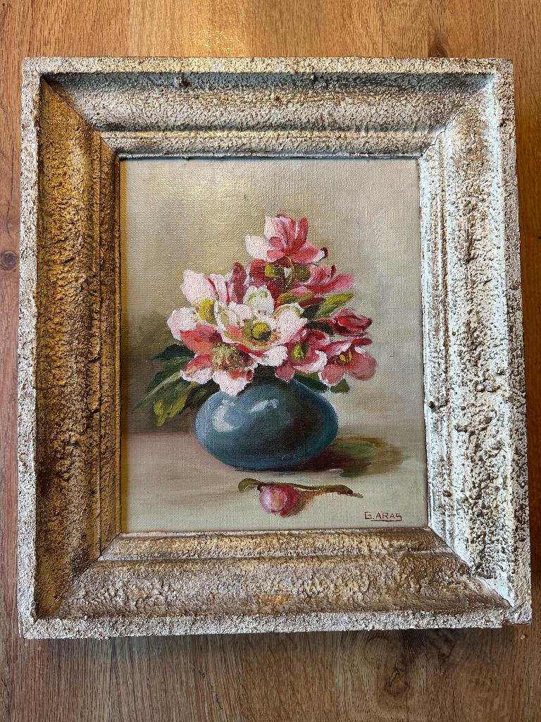 2 stuks olieverf bloemen schilderijtjes in lijst van G Aras, Antiek en Kunst, Kunst | Schilderijen | Klassiek, Ophalen of Verzenden