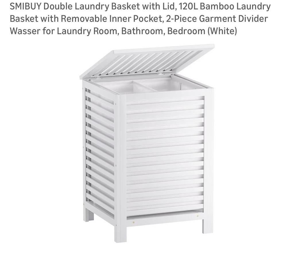 Witte Bamboe Wasbox met Deksel en 2 Vakken - 120L, Ophalen, Gebruikt