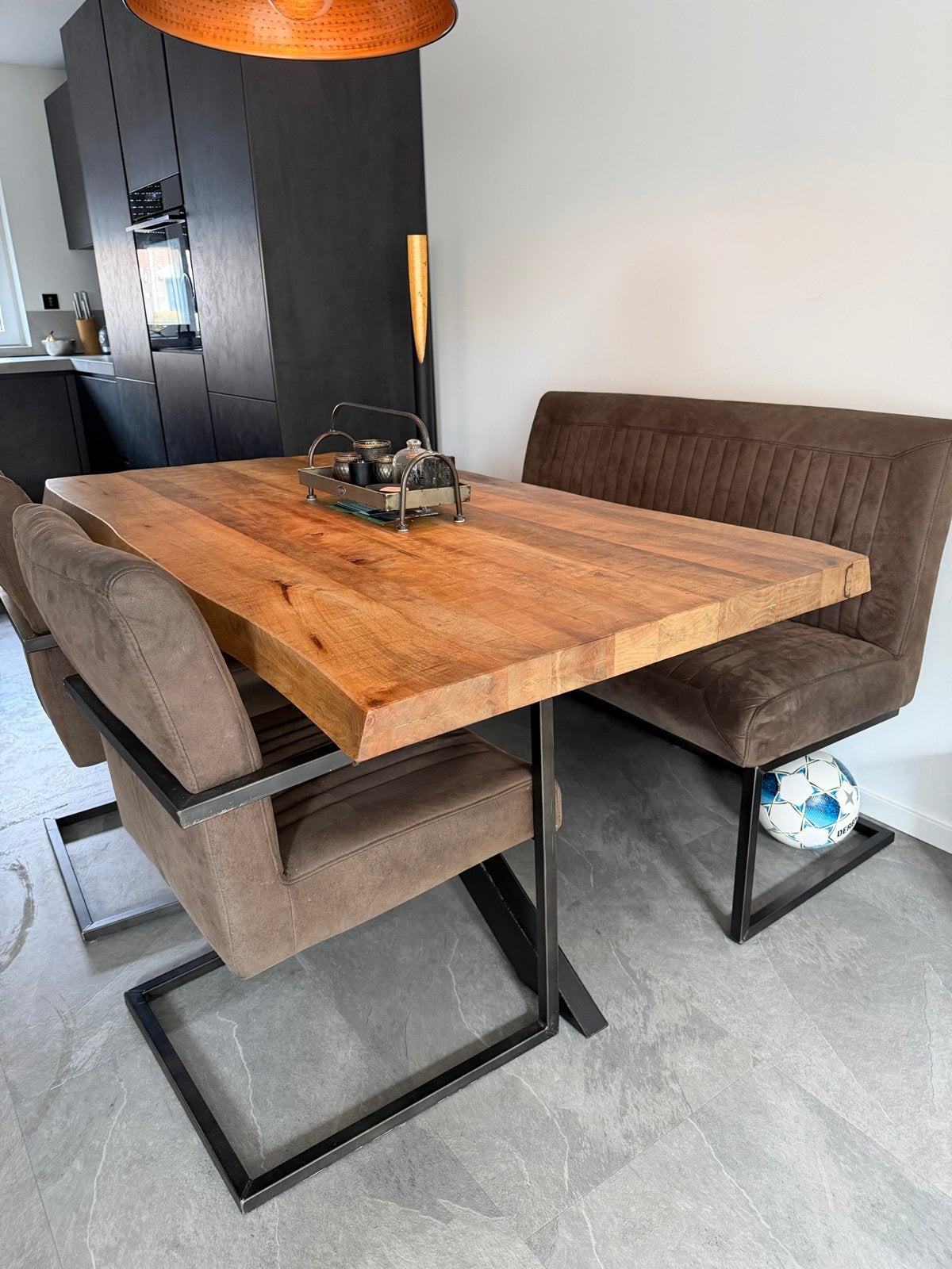 Eettafel 160  met bank en stoelen - robuust mangohout, Gebruikt, 150 tot 200 cm, Vier personen, Rechthoekig