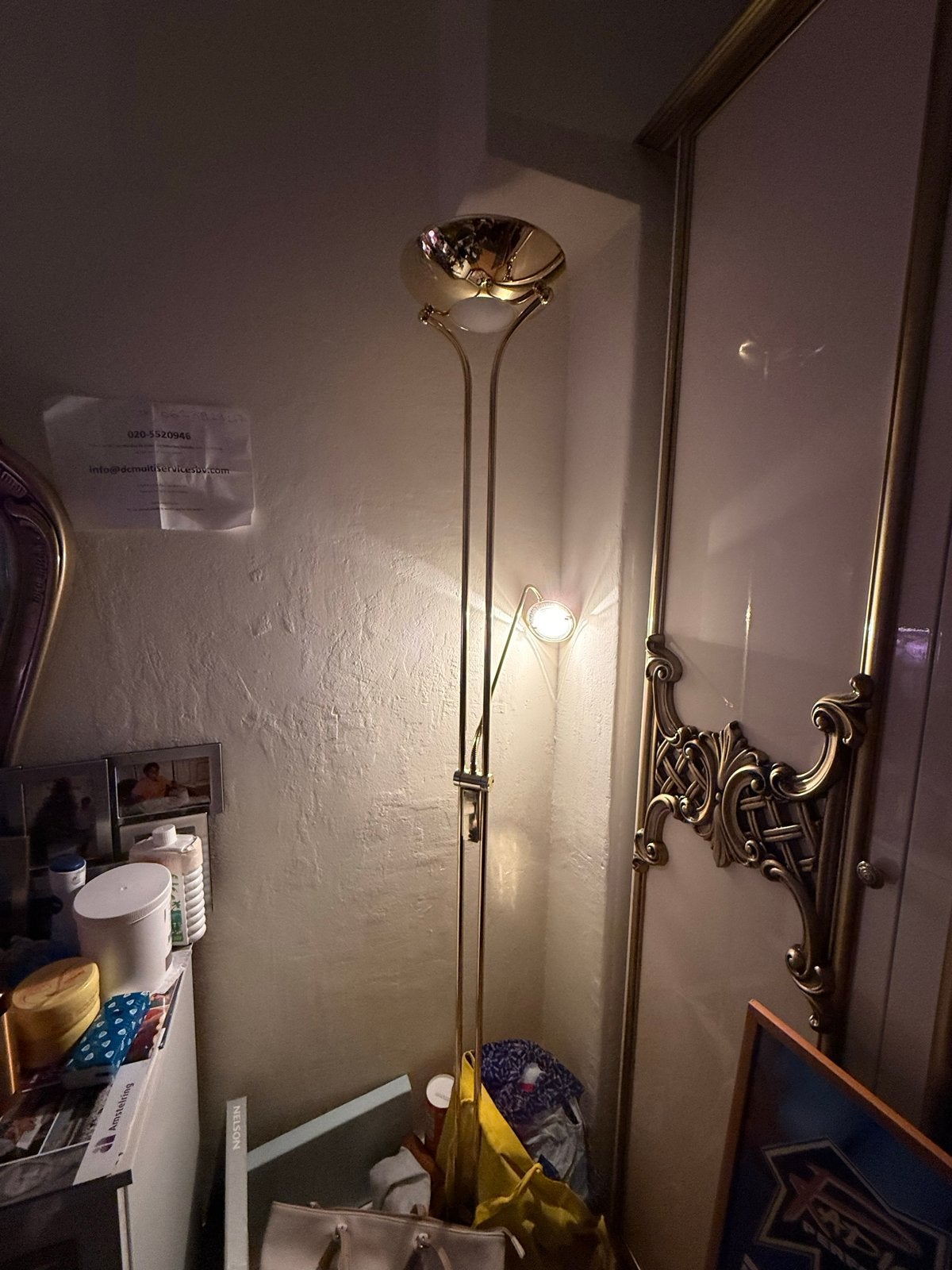 Gouden vloerlamp met leeslamp - Klassieke stijl, Ophalen, Gebruikt, E27 (groot), Metaal