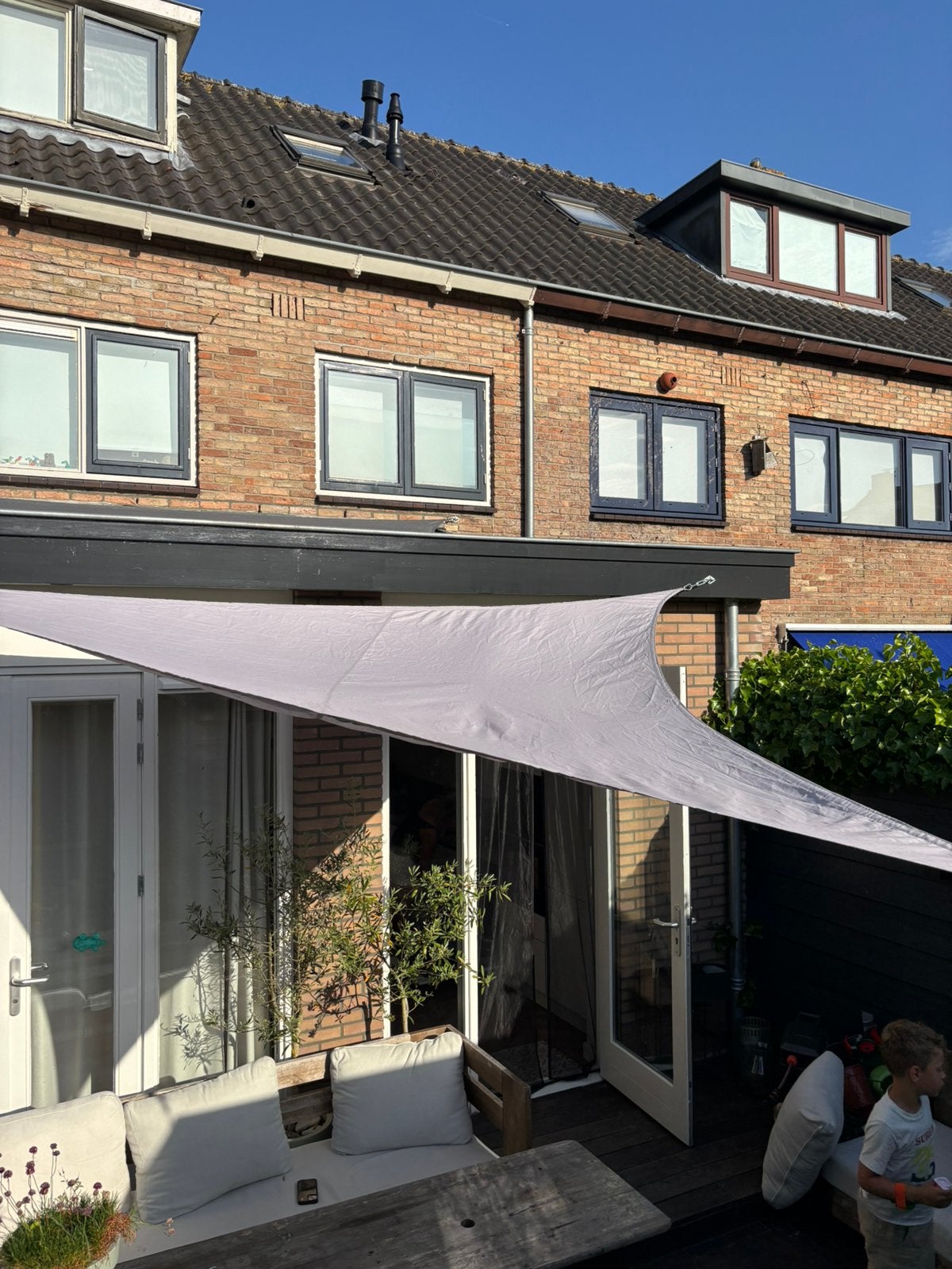 Schaduwdoek driehoek grijs - 4x4x4 meter, Ophalen, Gebruikt, 250 cm tot 450 cm, Overige typen