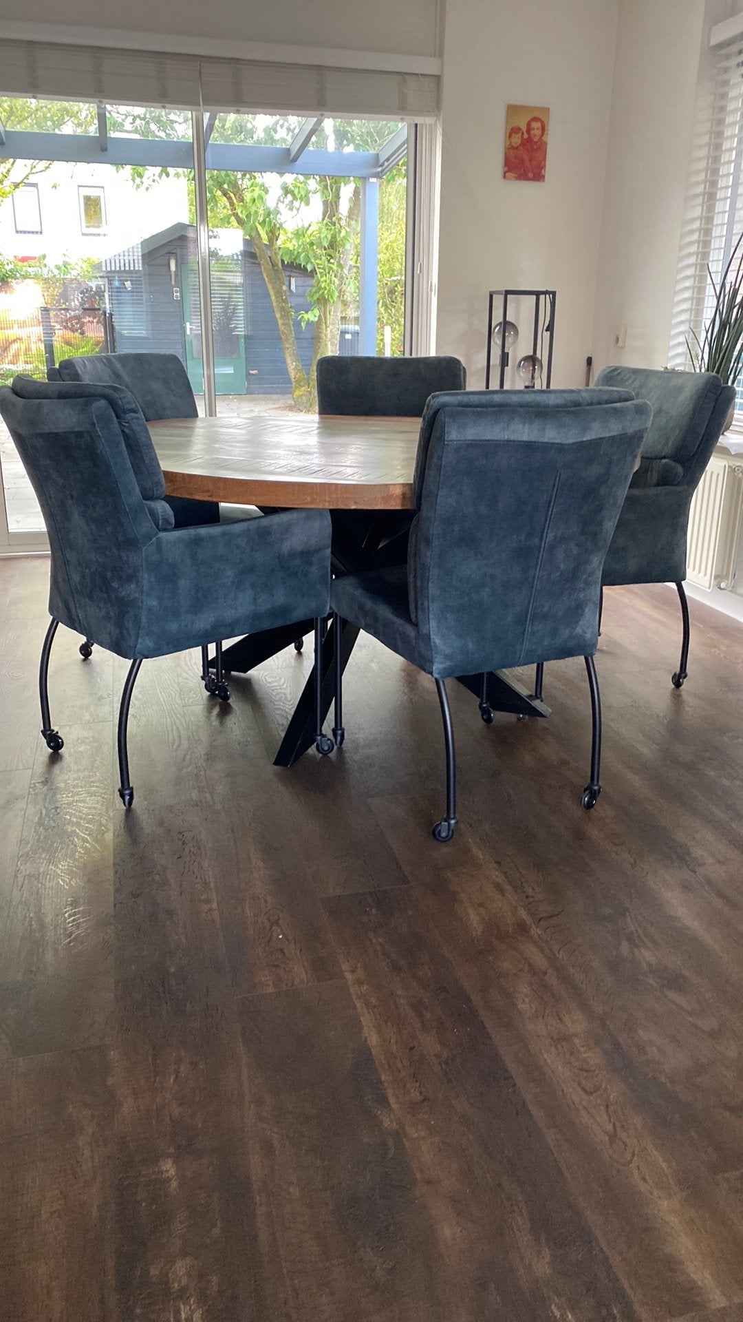 Ronde eettafel met 5 stoelen, Ophalen, Mango, 100 tot 150 cm, Rond