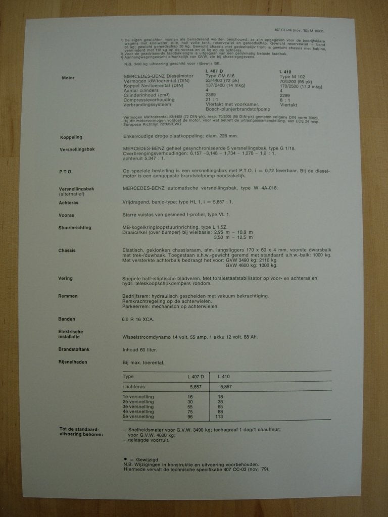 Mercedes 407 410 Technische Specificatie Brochure 1983 407D, Boeken, Zo goed als nieuw, Mercedes-Benz, Mercedes, Ophalen of Verzenden