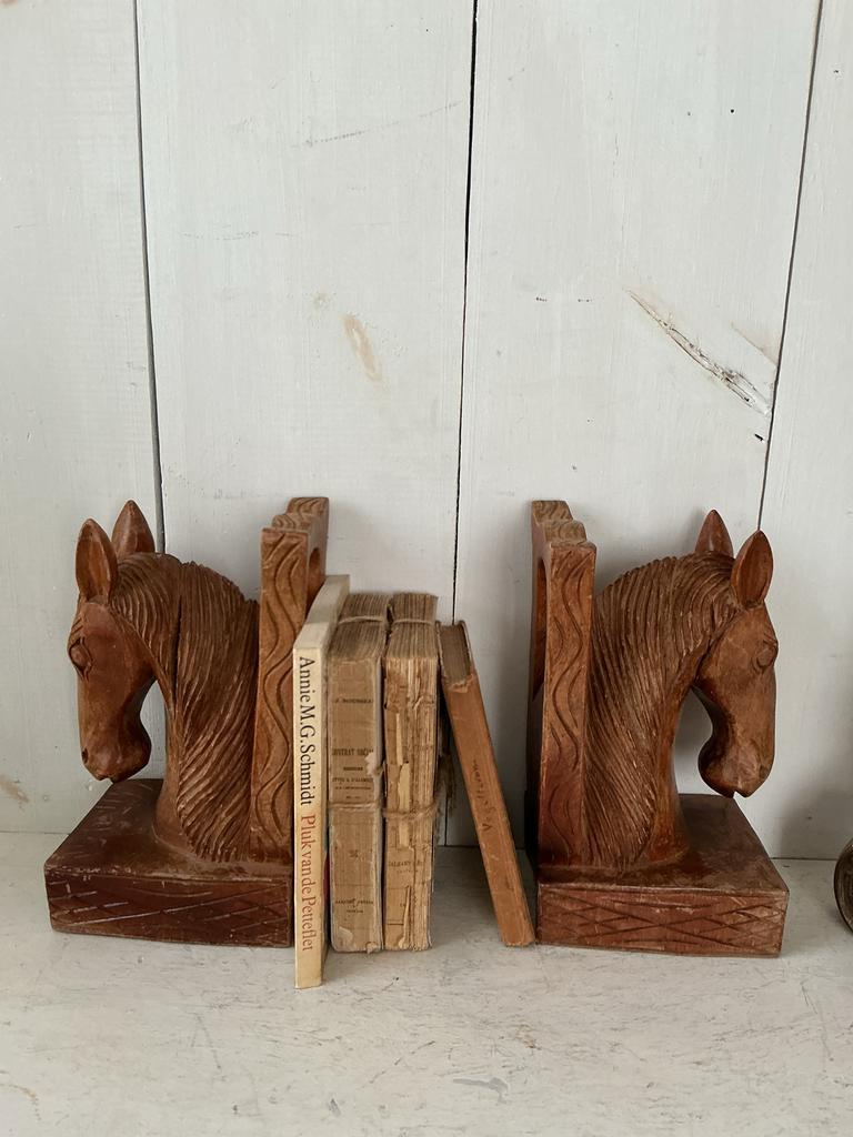 Vintage houten boekensteunen - Paardenhoofden, Antiek en Kunst, Ophalen of Verzenden