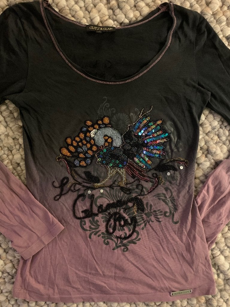 Kasten opgeruimd, super leuk Y2K shirt GLITZ & GLAM maat XS, Kleding | Dames, Paars, Ophalen of Verzenden, Lange mouw, Maat 34 (XS) of kleiner