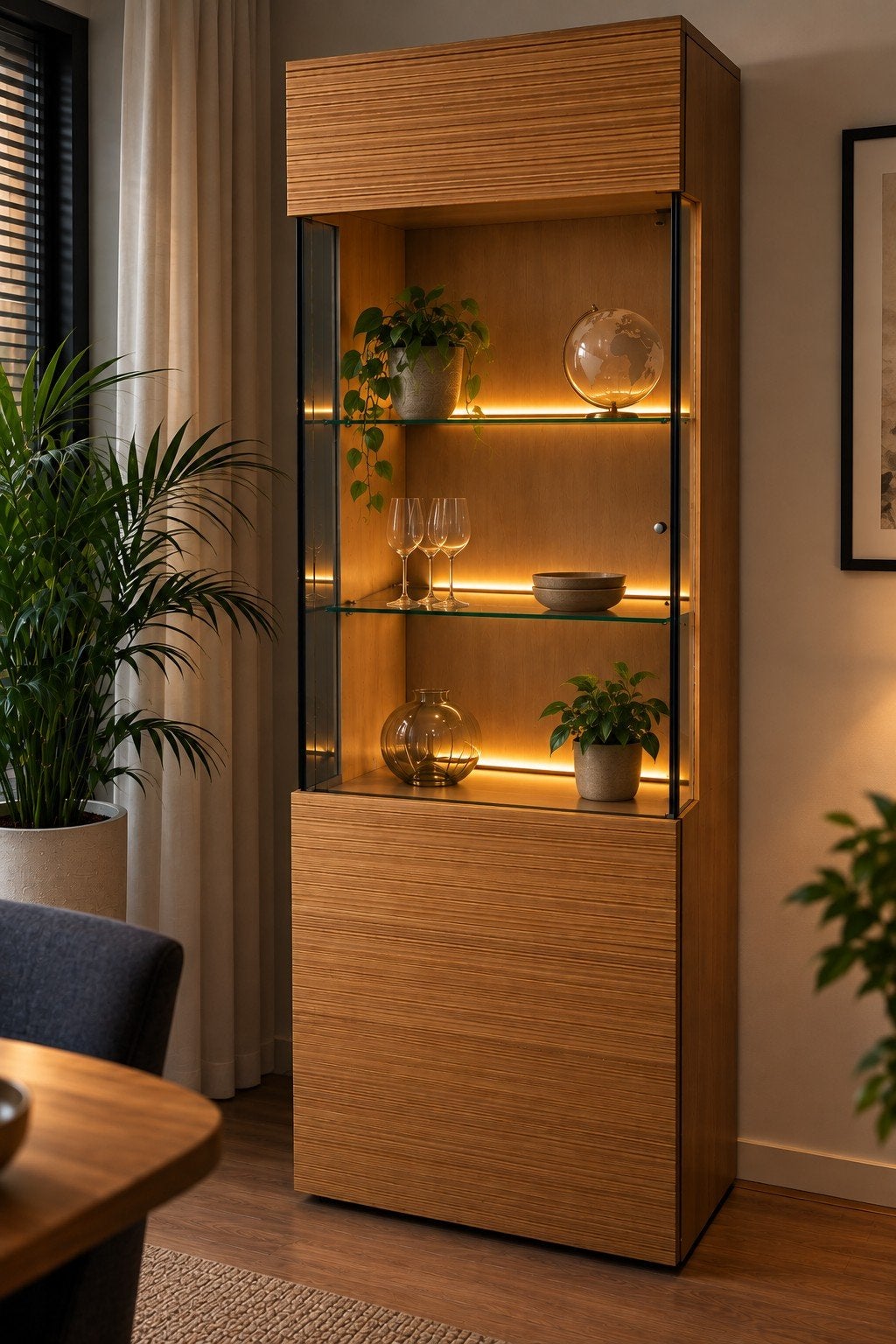 Houten vitrinekast met verlichting en opbergruimte, Huis en Inrichting, Ophalen of Verzenden, 50 tot 100 cm, Met deur(en), 150 tot 200 cm