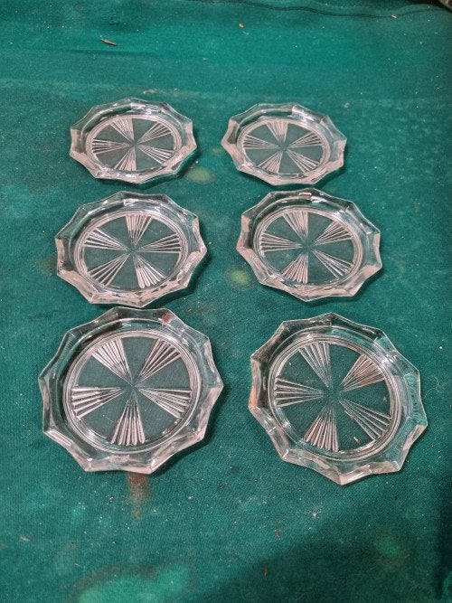 onderzetters van glas vintage zes stuks, Huis en Inrichting, Woonaccessoires | Onderzetters, Ophalen of Verzenden, 'T Olde Gre-j