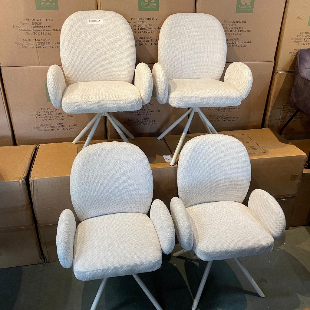 eetkamerstoel draaibaar 4/6 stuks 50% korting= €62,50 p.stuk, Ophalen, Modern, Luxueus, Draaibaar, Weefstof, Wit, Armleuning, Design