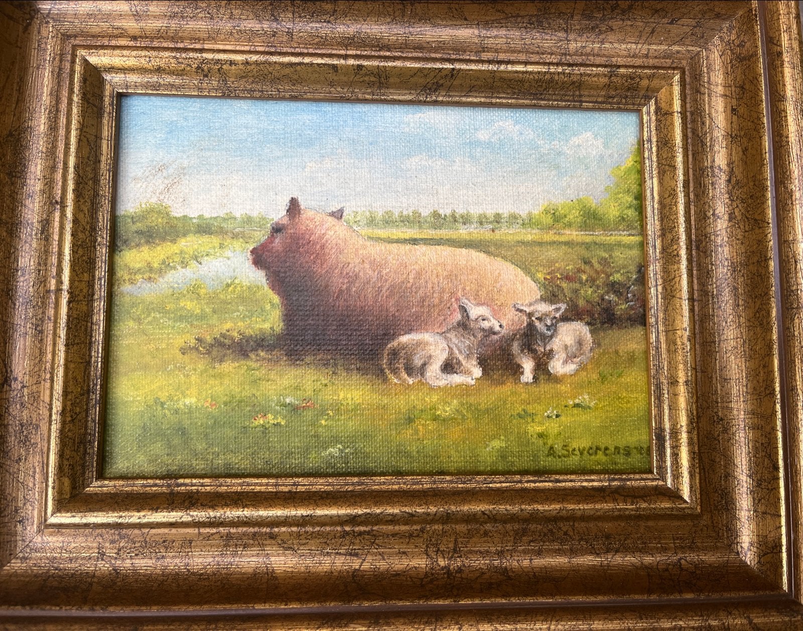 Klein schilderij met schaapjes van A. Severens, Verzenden