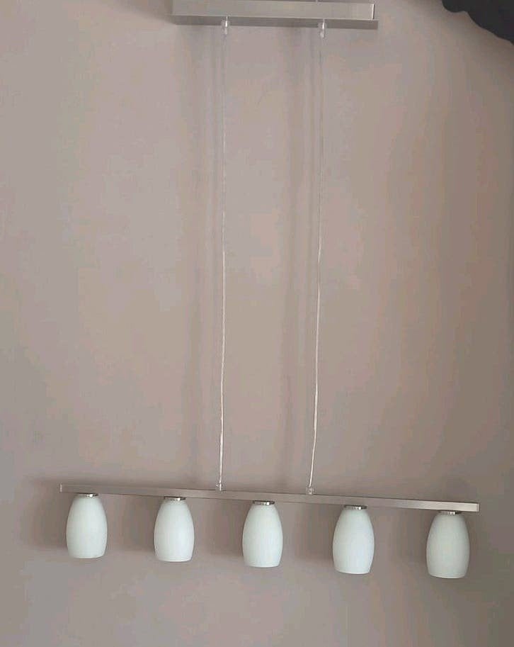 Stalen hanglamp met wit glazen kapjes / lamp voor eettafel, Ophalen of Verzenden, Zo goed als nieuw, Metaal of Aluminium