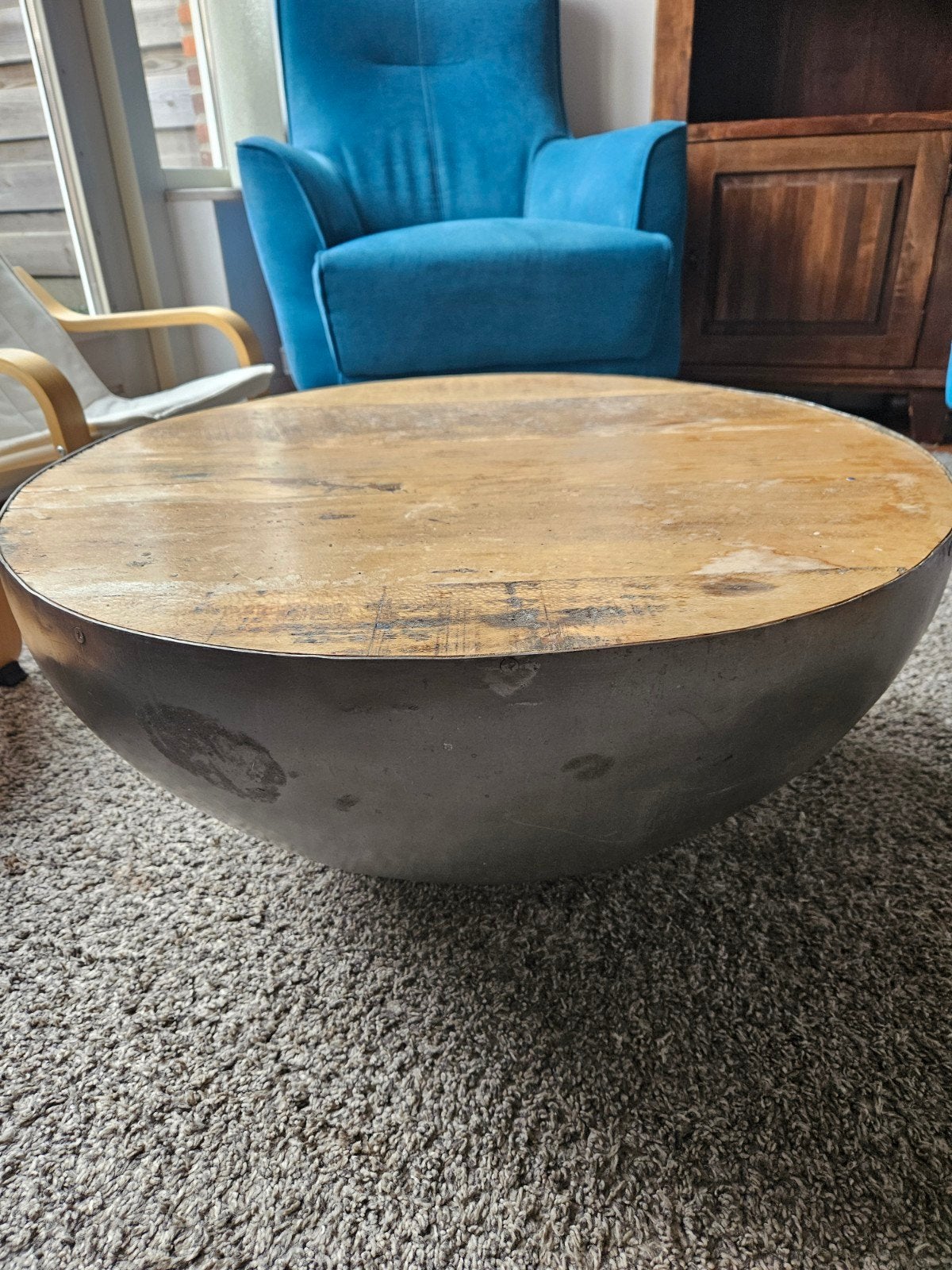 Unieke ronde salontafel, hout en metaal, Ø70cm, Ophalen, Gebruikt, 50 tot 100 cm, Rond