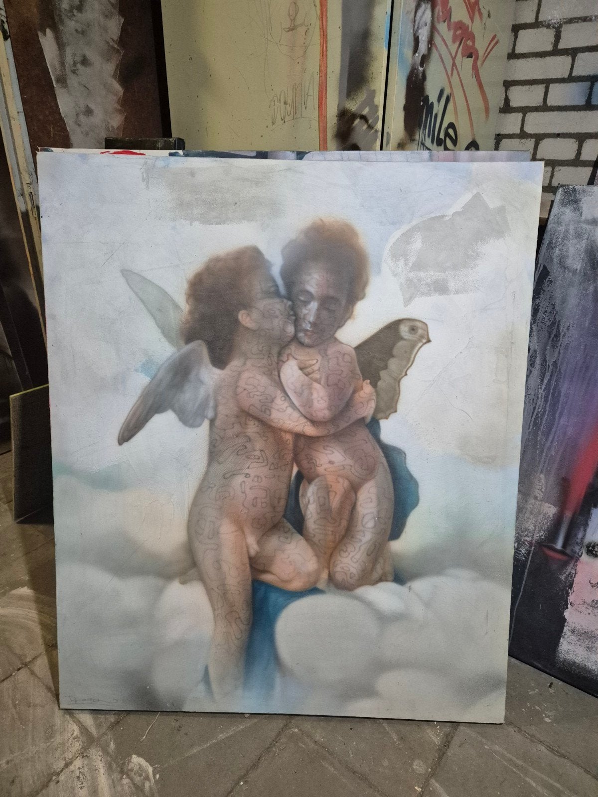 Olieverfschilderij: Engelen op wolken, Antiek en Kunst, Kunst | Schilderijen | Klassiek, Doek, Portret of Personen, Ophalen of Verzenden