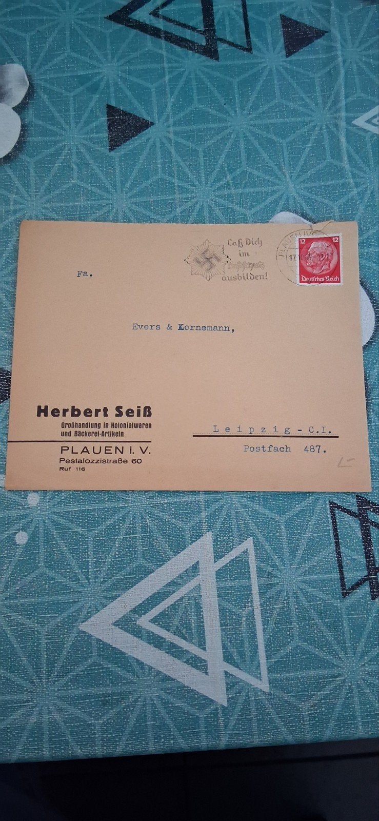 Historische Duitse envelop met postzegel - Plauen i.V., Ophalen of Verzenden, 1940 tot 1960, Duitsland