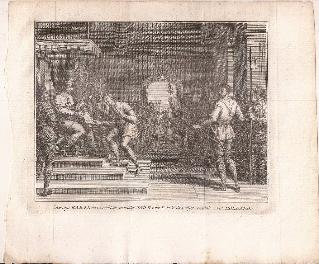Karel de Eenvoudige verleent Dirk I de titel graaf v.Holland, 19 cm, Ophalen of Verzenden, Gravure, 15 cm