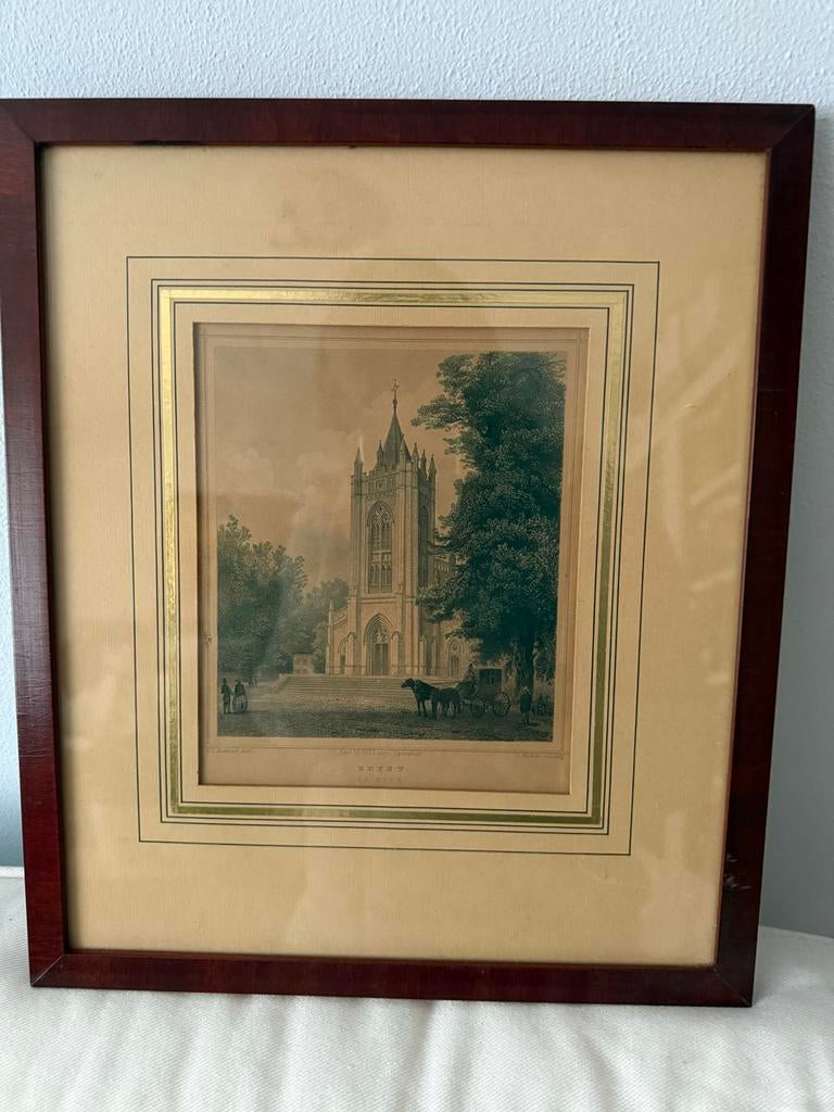 Antieke Gravure: Kerk van Zeist, 19e Eeuw, Ophalen, Ingelijst, 1800 - 1899, Architectuur