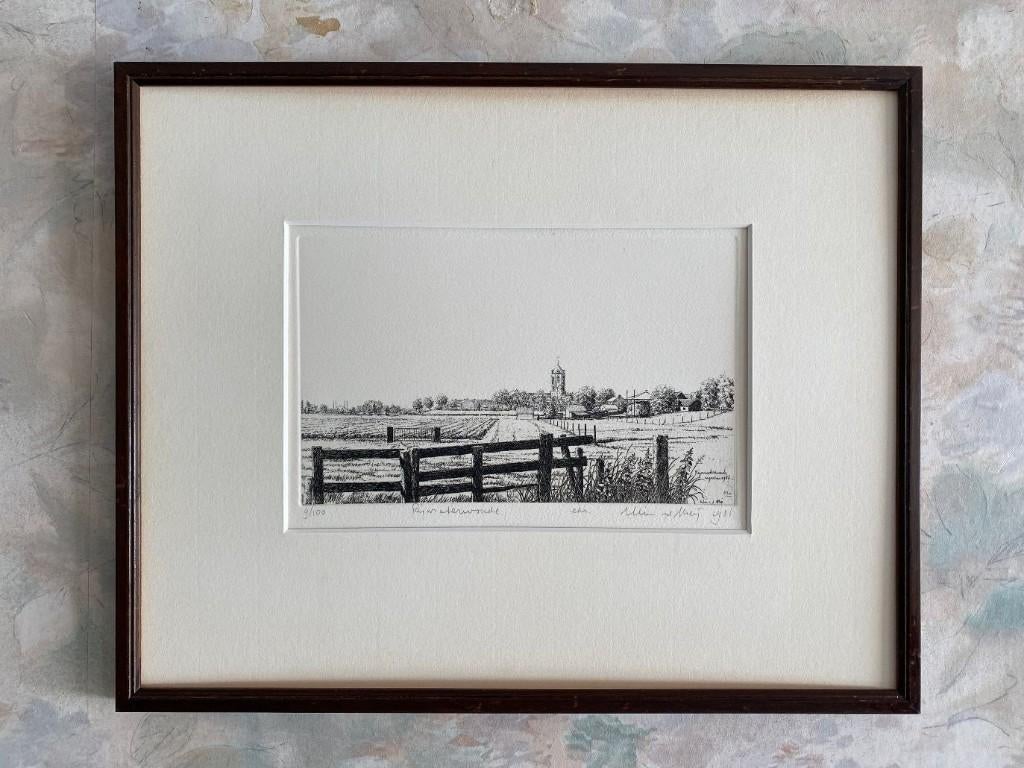 Ets ,  Rijnsaterwoude  .  1986, Ophalen of Verzenden, Stadsgezicht, Ets