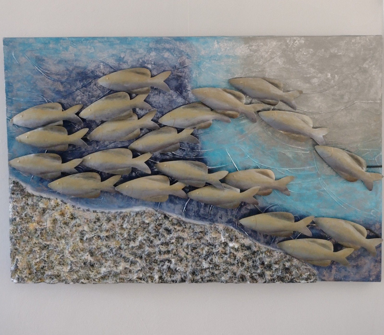 Decoratief 3D Schilderij met School Vissen - 120x80cm, Ophalen, 3D-effect, Gemengde techniek, Dieren
