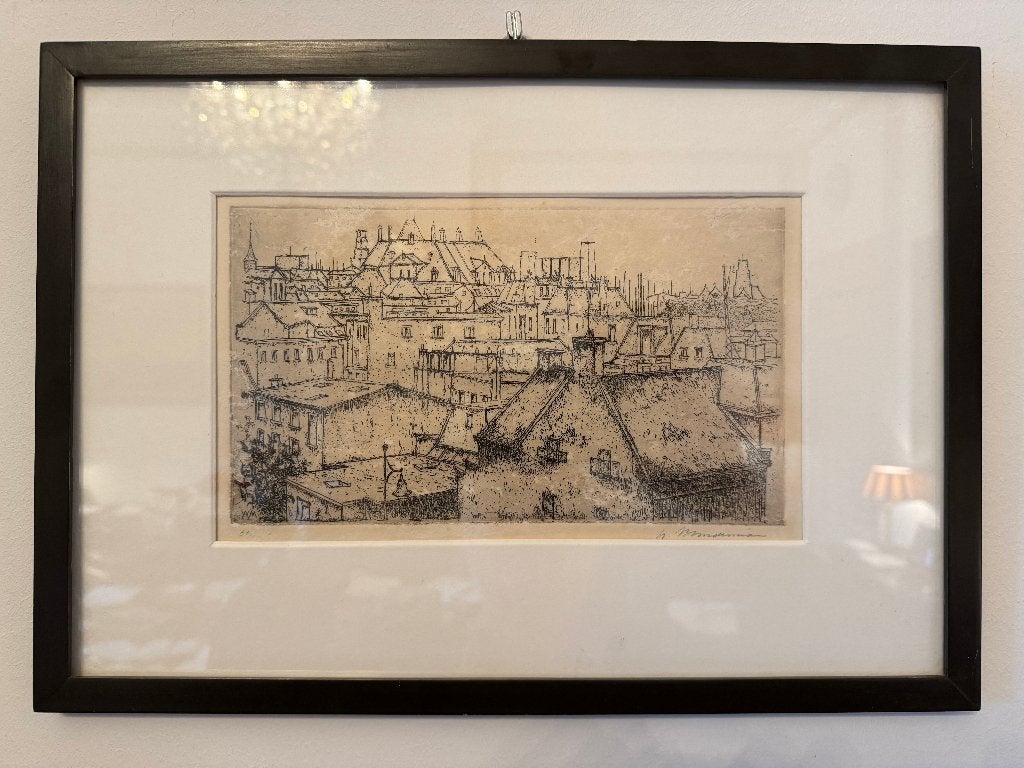 Ets Stadsgezicht door Willem Minderman in lijst, Ets, Stadsgezicht, Ophalen of Verzenden, Gesigneerd
