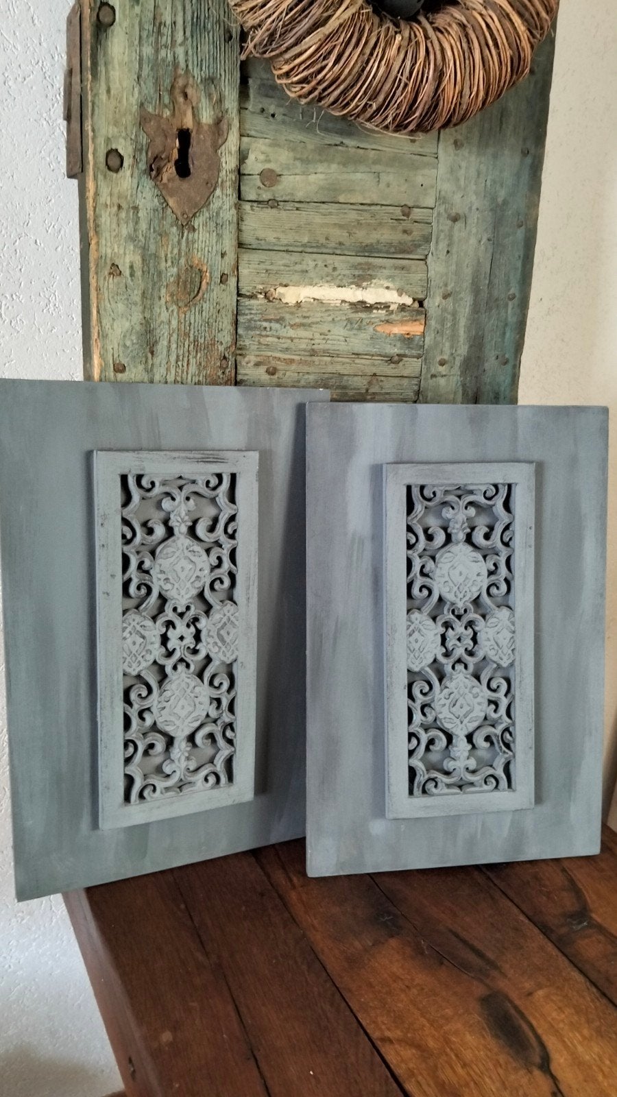 2 Brocante wanddecoraties houten lijsten wandpanelen, Gebruikt, Overige typen, ., Ophalen of Verzenden