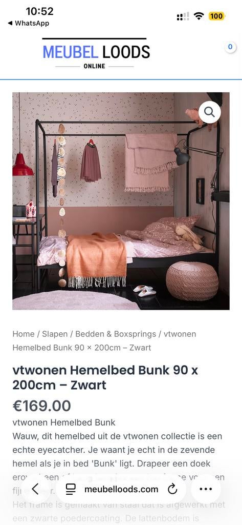 vtwonen Hemelbed Bunk 90x200cm Zwart met nachtkastje, Huis en Inrichting, Slaapkamer | Bedden, Ophalen, Gebruikt, 90 cm, Eenpersoons