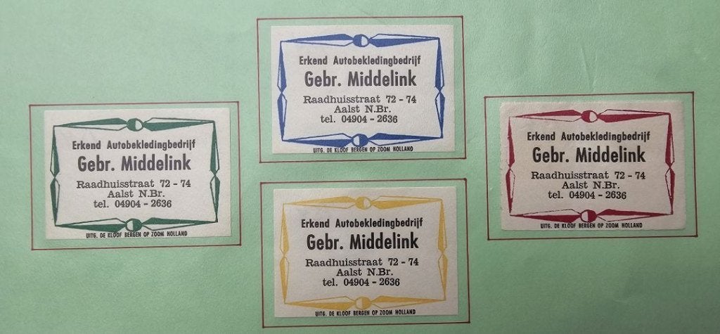 Erkend Autobekledingbedrijf Gebr. Middelink te Aalst N.Br., Ophalen of Verzenden, Zo goed als nieuw, Luciferdoosjes of -merken