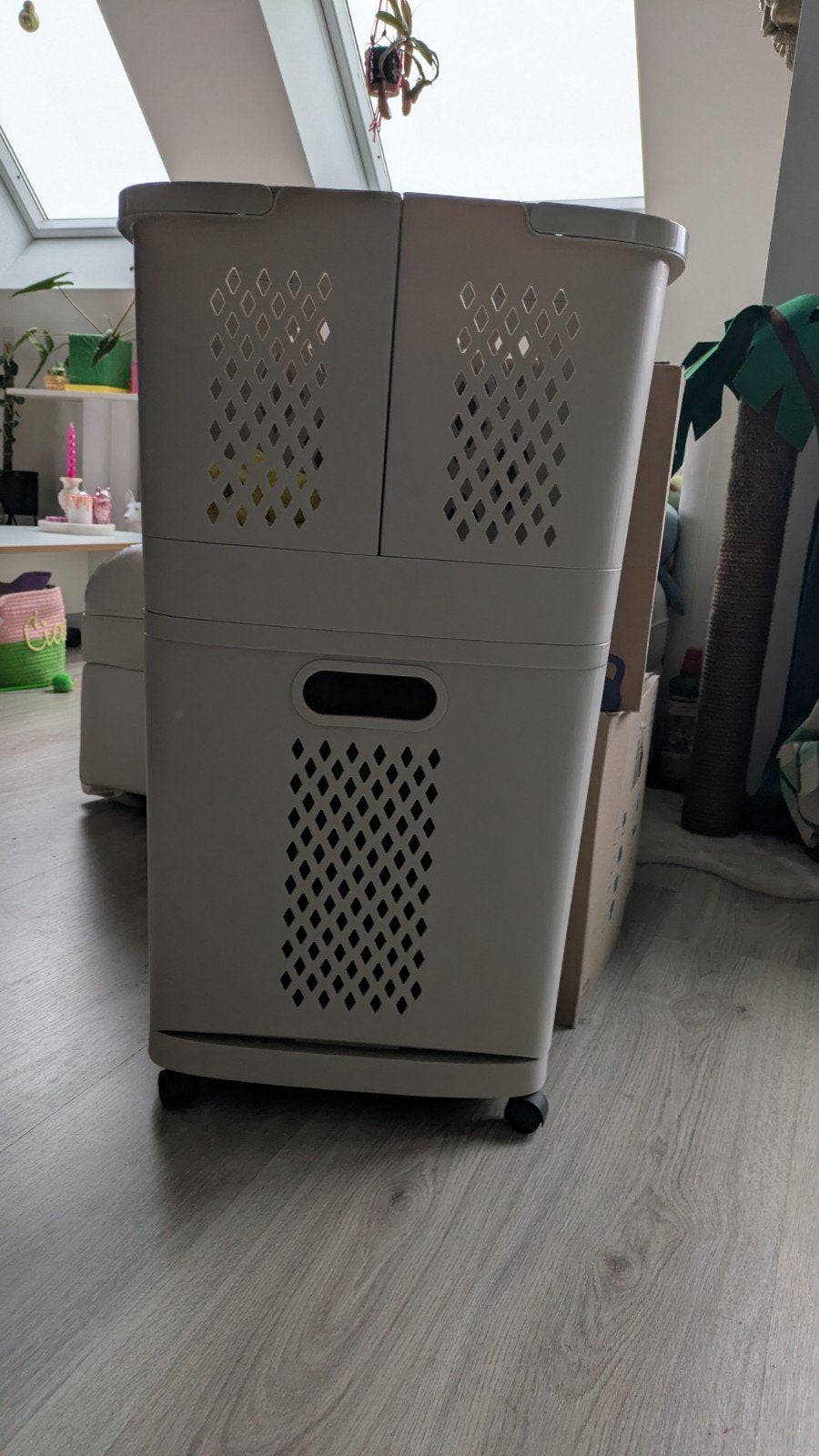 Wasmand organiser opberger beige 3 vakken op wieltjes, Ophalen, Zo goed als nieuw, Beige, Kunststof